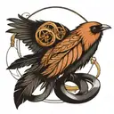 A feather with a small bird perched on it, surrounded by interconnected rings. tattoo design idea