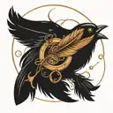 A feather with a small bird perched on it, surrounded by interconnected rings. tattoo design idea