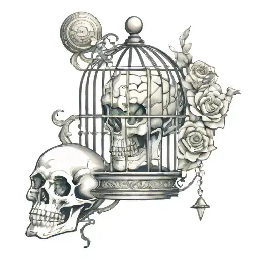 Tattoo that symbolizes the word "catharsis", with a cage, a brain, an hourglass and a skull tattoo design idea