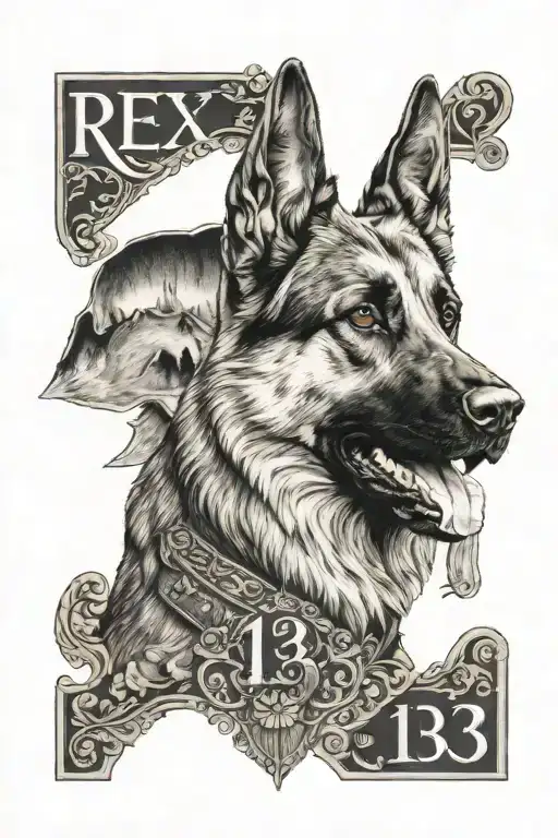 Number 13 combined with Germany and a german shepherd with the name Rex tattoo design idea