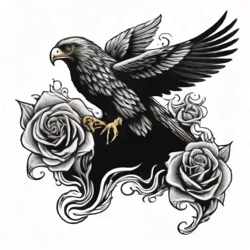 Hawk with a rose flying from fire flames tattoo design idea