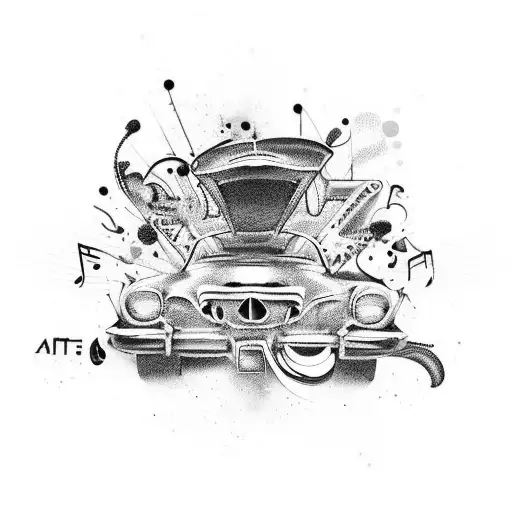 A graffiti-style design featuring a stylish car with musical notes and fashion elements incorporated into the artwork tattoo design idea