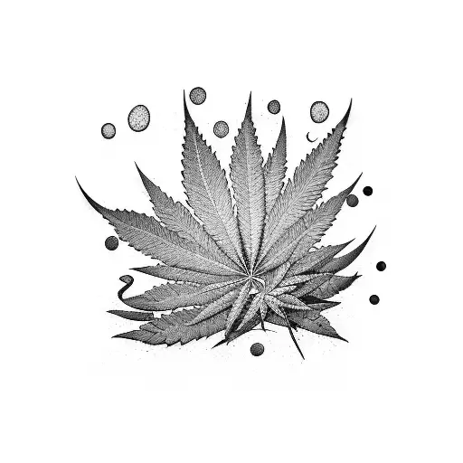 A dotwork tattoo of a psychedelic cartoon scene with cannabis leaves and musical instruments tattoo design idea