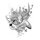 A combination of musical instruments, high-end fashion pieces, and luxury cars forming an abstract and artistic composition tattoo design idea