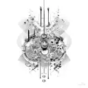 A combination of musical instruments, high-end fashion pieces, and luxury cars forming an abstract and artistic composition tattoo design idea