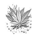 A dotwork tattoo of a psychedelic cartoon scene with cannabis leaves and musical instruments tattoo design idea