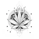 A dotwork tattoo of a psychedelic cartoon scene with cannabis leaves and musical instruments tattoo design idea