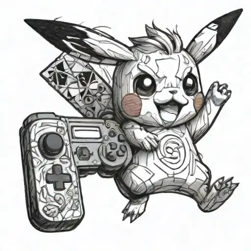 A realistic blackwork tattoo of a Pikachu playing a Nintendo Switch tattoo design idea