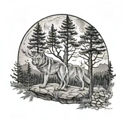 3 lobos luna bosque tattoo design idea