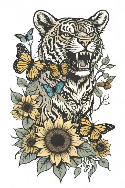 snarling bear with monarch butterflies and sunflower tattoo design idea