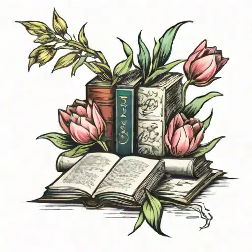 books and tulips tattoo design idea