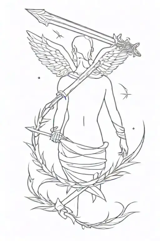Minimalistic back tattoo with greek mythology and wings and sword or something connected to this style tattoo design idea