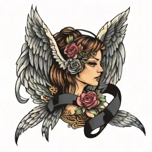 Angle wings sew on with black ribbon tattoo design idea