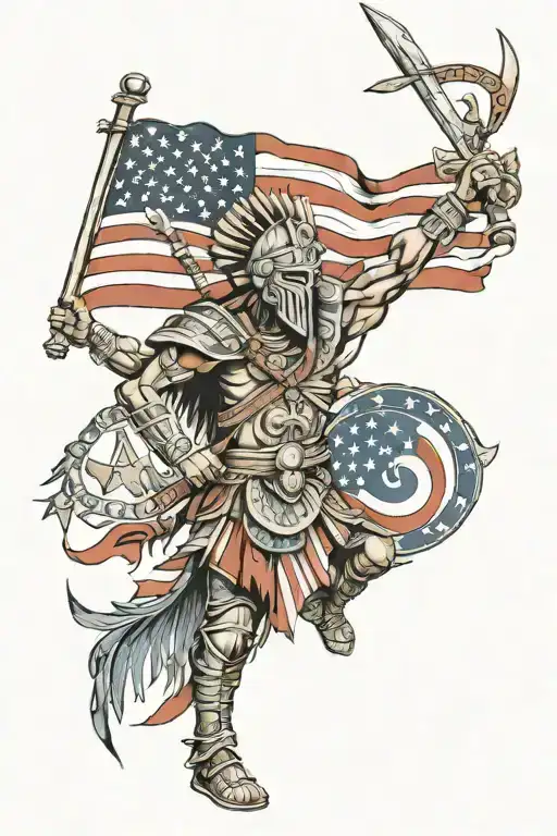 Inca warrior and usa flag tattoo design idea