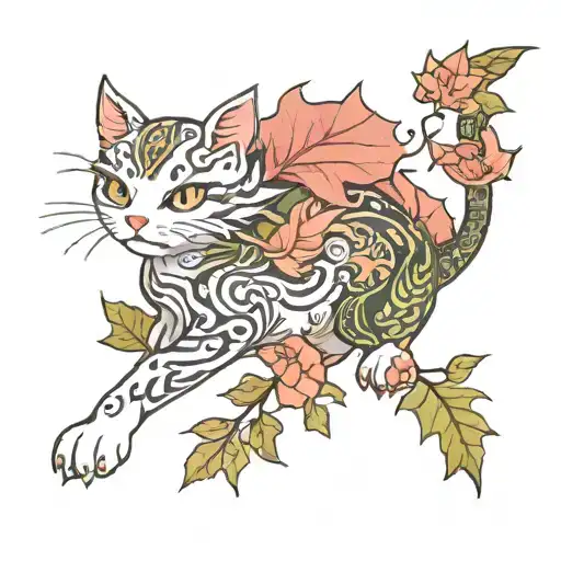 cat and dragon with leafs and animals  tattoo design idea