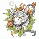 cat and dragon with leafs and animals  tattoo design idea