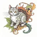 cat and dragon with leafs and animals  tattoo design idea