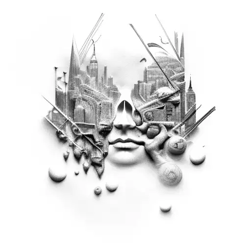 nyc and surreal sculpture blend tattoo design idea