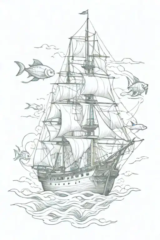 fish tree 1992 sea ship sailing tattoo design idea