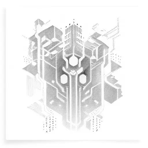Design a dystopian cyberpunk world where shadows dance with neon lights, where technology merges seamlessly with the hum tattoo design idea