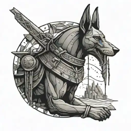 Anubis overseeing a battlefield filled with fallen soldiers in a dotwork style tattoo design idea