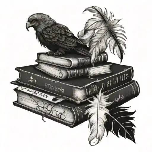 A stack of books with claw marks on the covers, surrounded by swirling feathers tattoo design idea