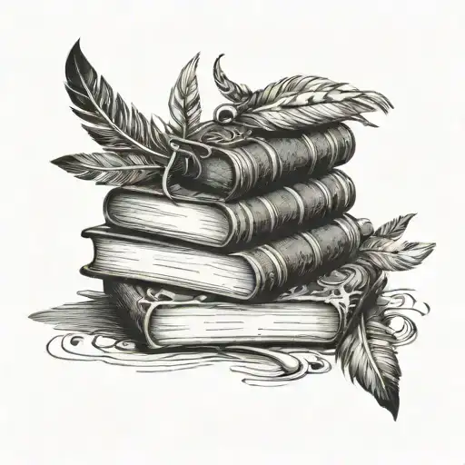 A stack of books with claw marks on the covers, surrounded by swirling feathers tattoo design idea
