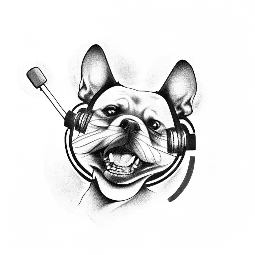 A tattoo of a laughing dog driving a car with a microphone in its paw tattoo design idea