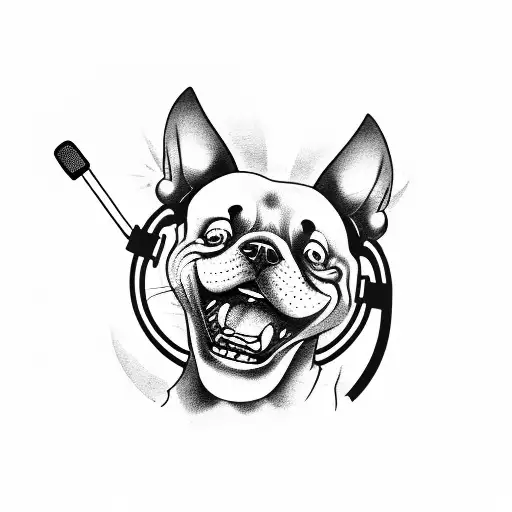 A tattoo of a laughing dog driving a car with a microphone in its paw tattoo design idea
