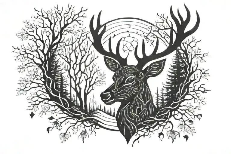 Forest blackout symmetrical geometric  deer face moon tattoo design idea