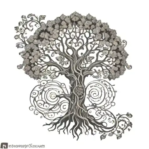 Incorporate symbols of anglo saxons and nature into a tattoo design of a majestic tree with intricate anglo saxon patterns intertwined with branches tattoo design idea