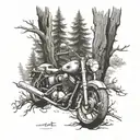 Create a tattoo design inspired by motorcycling and trees, featuring a sleek motorcycle riding through a forest of ancient trees with intricate details on the bark tattoo design idea
