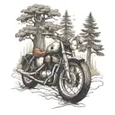 Create a tattoo design inspired by motorcycling and trees, featuring a sleek motorcycle riding through a forest of ancient trees with intricate details on the bark tattoo design idea