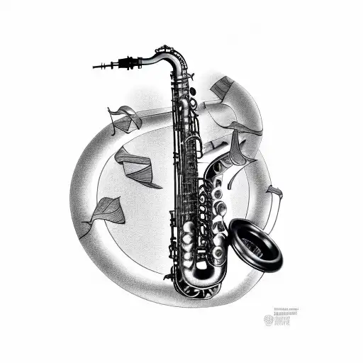 Create a detailed black-grey tattoo of a saxophone surrounded by historical symbols tattoo design idea