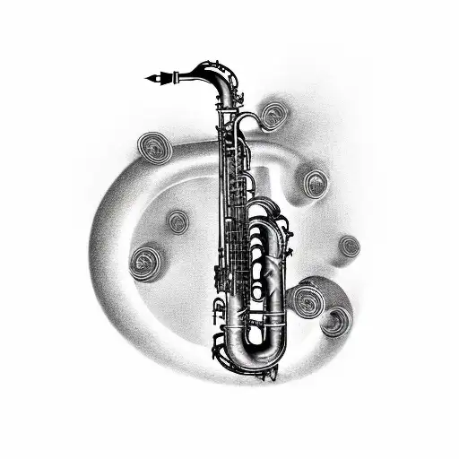 Create a detailed black-grey tattoo of a saxophone surrounded by historical symbols tattoo design idea