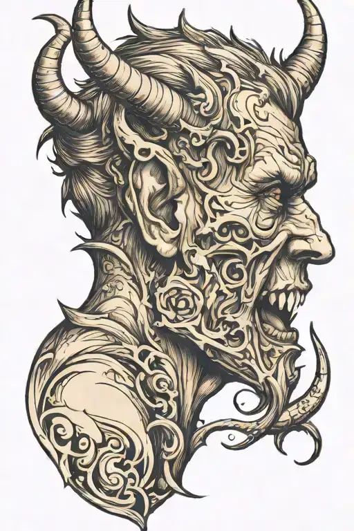 devil whispering devil behind ear tattoo design idea