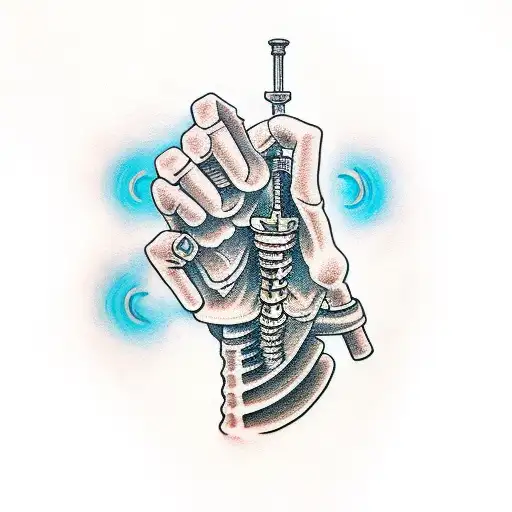 A skeletal right hand grasping a wrench by the middle of the wrench tattoo design idea