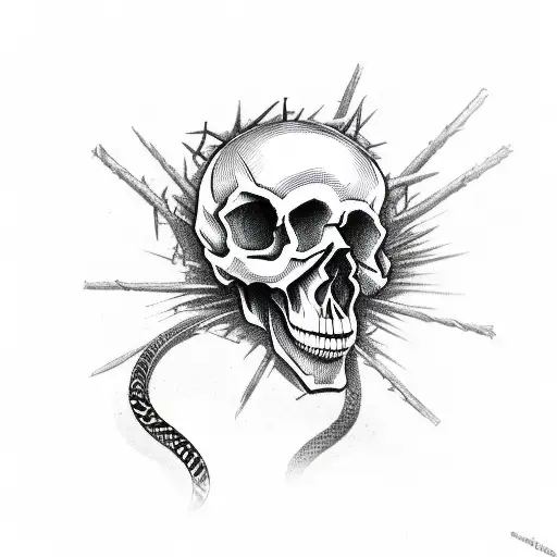 skull, barbed wire and snakes tattoo design idea