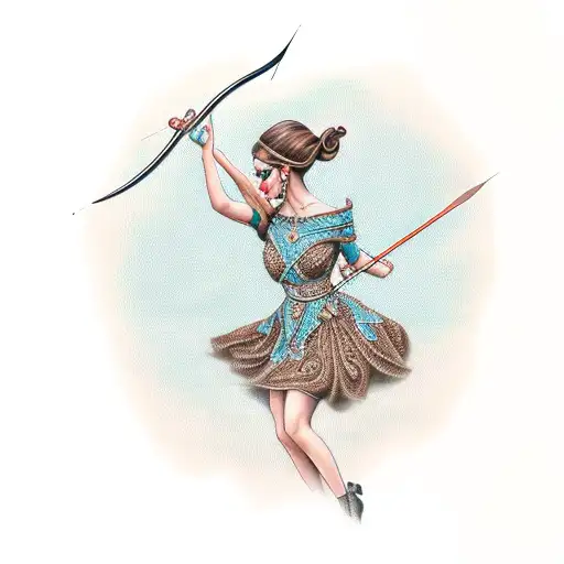 beautiful brown hair women in whimsical dress with a bow and arrow tattoo design idea