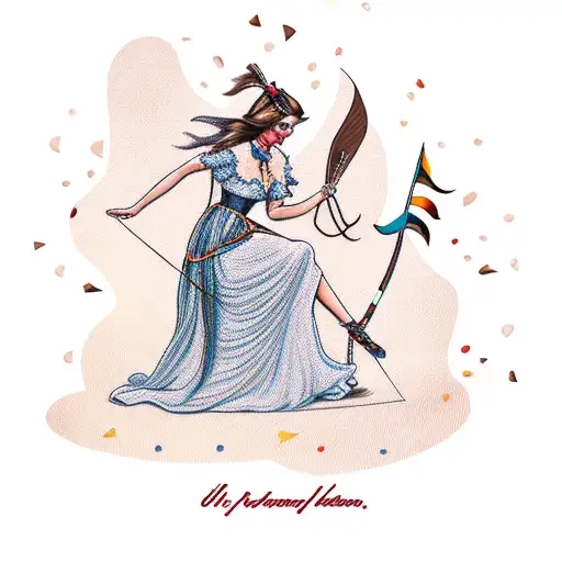 beautiful brown hair women in whimsical dress with a bow and arrow tattoo design idea