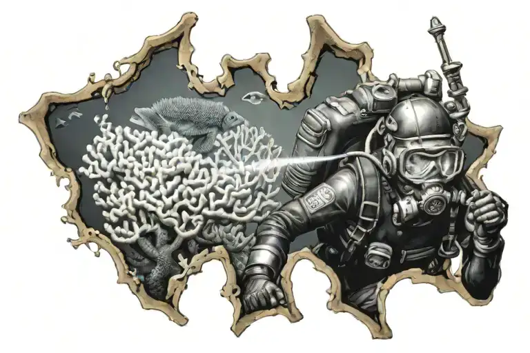 coral reef with old school scuba diver exploring the depths with torch tattoo design idea