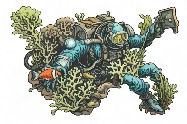 coral reef with old school scuba diver exploring the depths with torch tattoo design idea