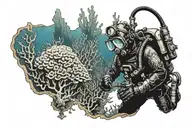 coral reef with old school scuba diver exploring the depths with torch tattoo design idea