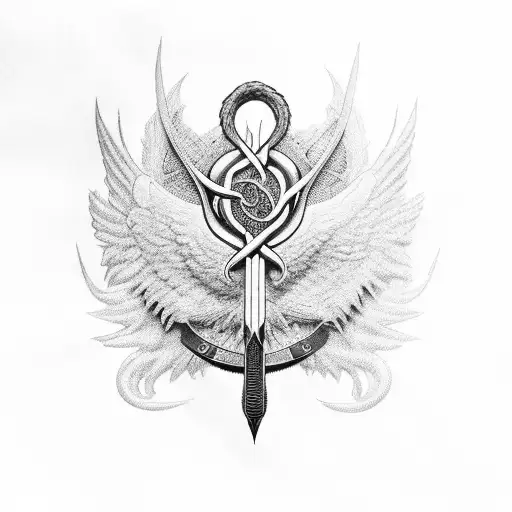 Caduceus symbol intertwined with the Fremen crysknife in black-grey style tattoo design idea