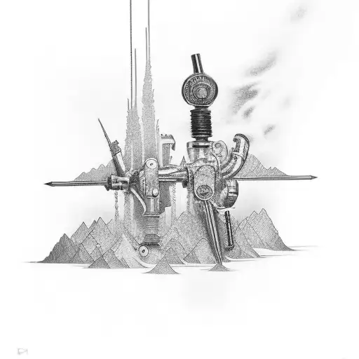A tattoo machine creating intricate stencils in a surreal landscape tattoo design idea