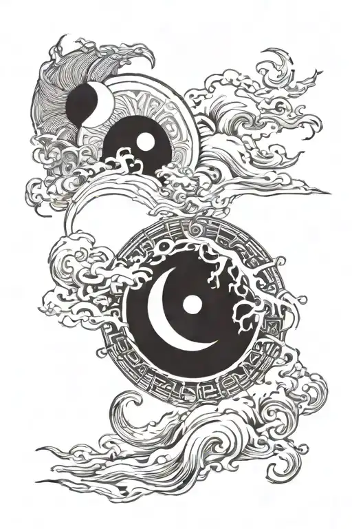 the full moon has swallowed up the sun, and yin and yang float around tattoo design idea