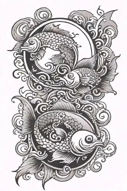 the full moon has swallowed up the sun, and two yin and yang fish are swimming around tattoo design idea