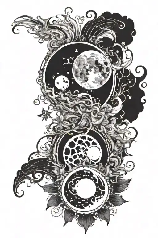the full moon has swallowed up the sun, and all around is a cosmos of yin and yang tattoo design idea