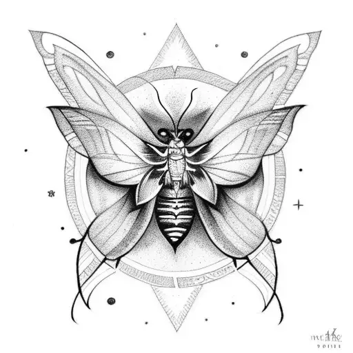 A witchcraft-themed tattoo featuring a moth surrounded by magical symbols tattoo design idea