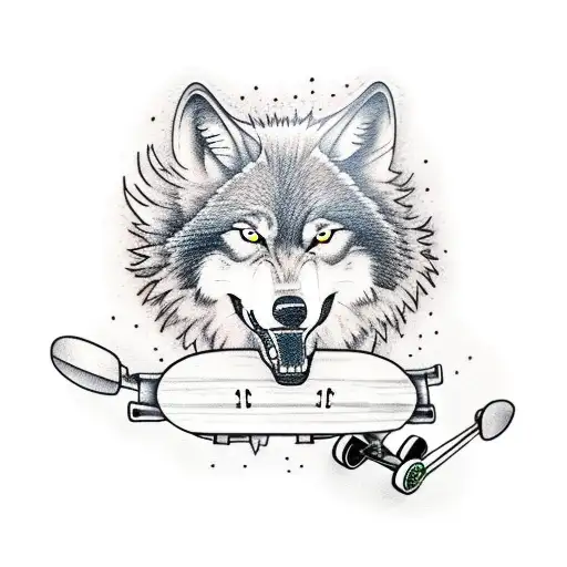 A wolf playing a guitar on a skateboard tattoo design idea
